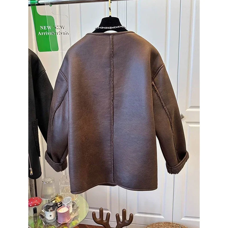 Loose Plus Size Leather Jacket Women's Zipper Fur Stitching One Round Neck Coat Autumn Winter 2024 Leather Overcoat Female