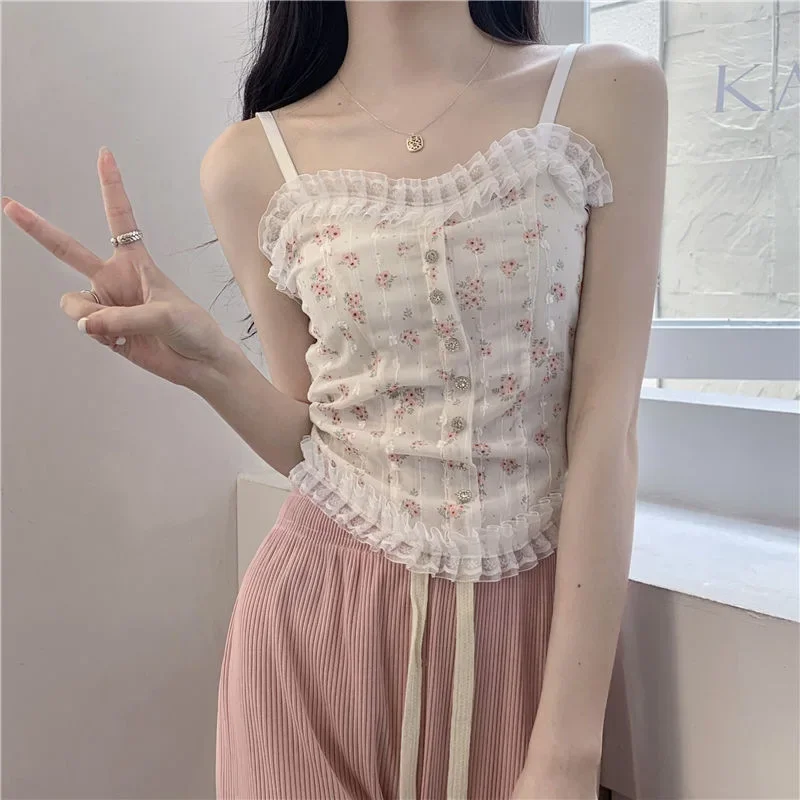 Floral Tube Tops French Wood Ear-hem Camisole Women\'s Breathable Lace Tank Tops Back-beautiful Underwear for Summer