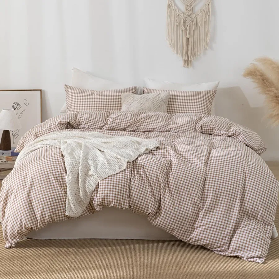 

Tan Gingham Duvet Cover Bedding Set Prewashed Extra Soft Comfy Breathable 3 Piece Brown Plaid Checkered Grid Vintage Comforter