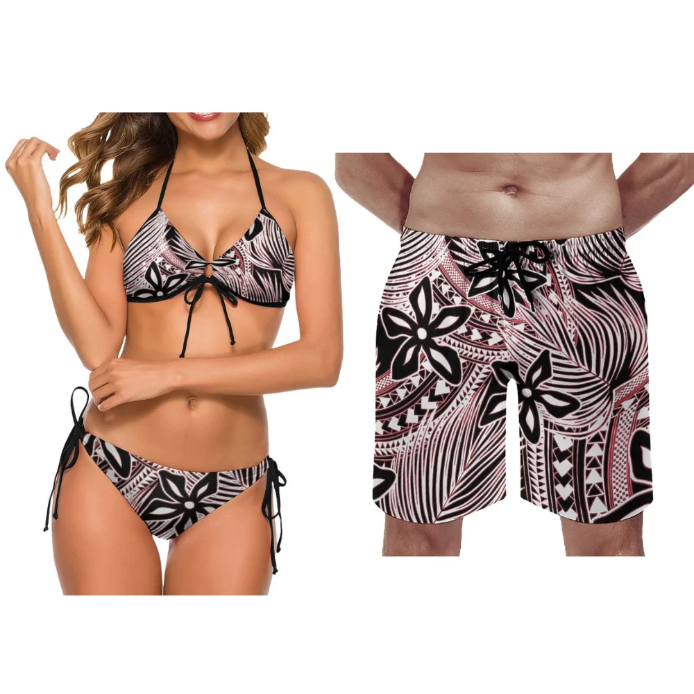 แฟชั่นชุดรูปแบบใดๆชุดว่ายน้ําคู่ Retro Beach กางเกงขาสั้นชุดคู่บิกินี่กางเกงขาสั้น Custom-Made Polynesian ชาติพันธุ์พิมพ์