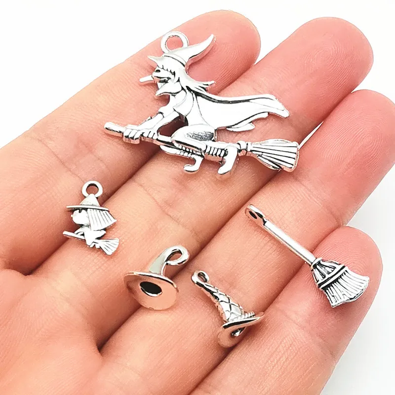 2026 New 10/20Pcs Antique Silver Witch Hat Broom Charm Dark Magic Spell Pendant Jewelry for Halloween Costume Party For Necklace