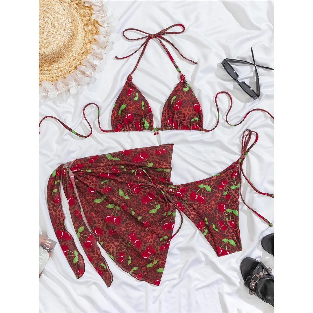 Mit Sarong Leoparden-Bikini, Damen-Badebekleidung, dreiteiliges Bikini-Set, Neckholder-Badeanzug, Badeanzug, Schwimmanzug V7900 – Detail 6