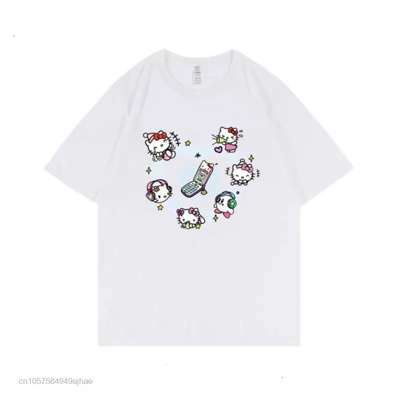 Sanrio Cotton Clothes Short Sleeve T-shirt 2022 Summer New Cartoon Hello Kitty Cute Printed Top Korean Fashion Tshirt Women Tees