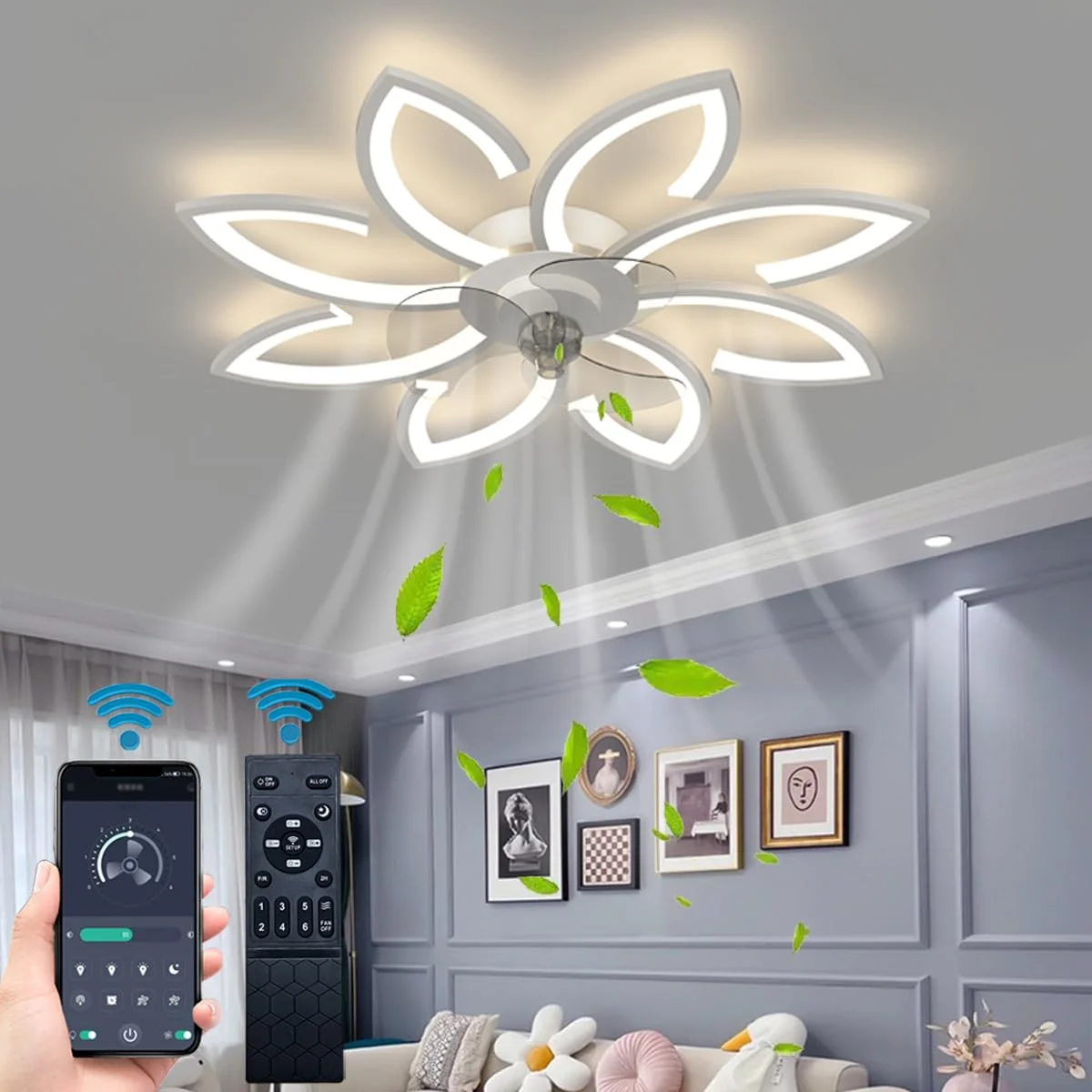 

Ceiling Fan with Lights, Low Profile, Flush Mount, 3 Color Dimmable LED 6 Speeds Remote APP Control Ceiling Fans for Living Room