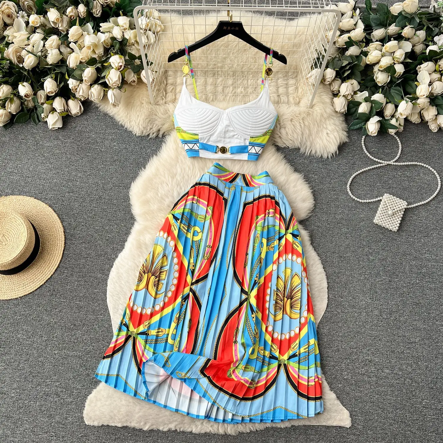 

Women Two Piece Sets Skirt Set V Neck Sleeveless Sling Short Tops Mid Length Skirts A Line High Waist Print Y2k Streetwear