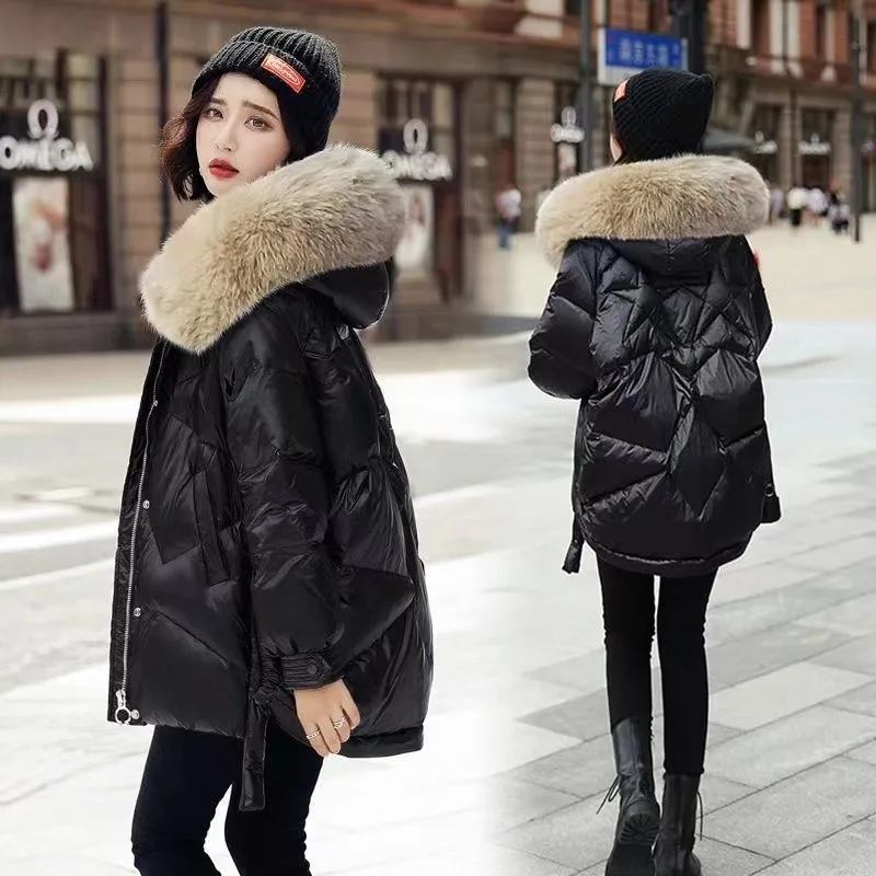 Down Cotton Jacket For Women Glossy Cotton Jacket New Winter Thicken Jacket Parka Hooded Fur collar coat