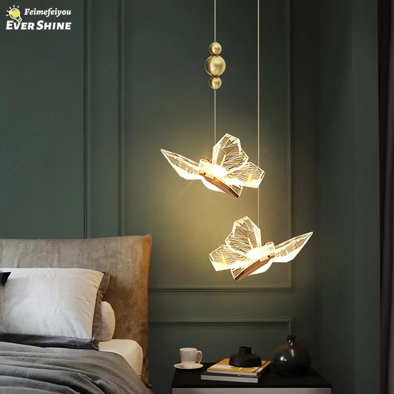 Butterflies LED Pendant Lights Nordic Indoor Lighting For Home Kitchen Living Room Bedroom Sofa Decoration Crystal Hanging Lamp