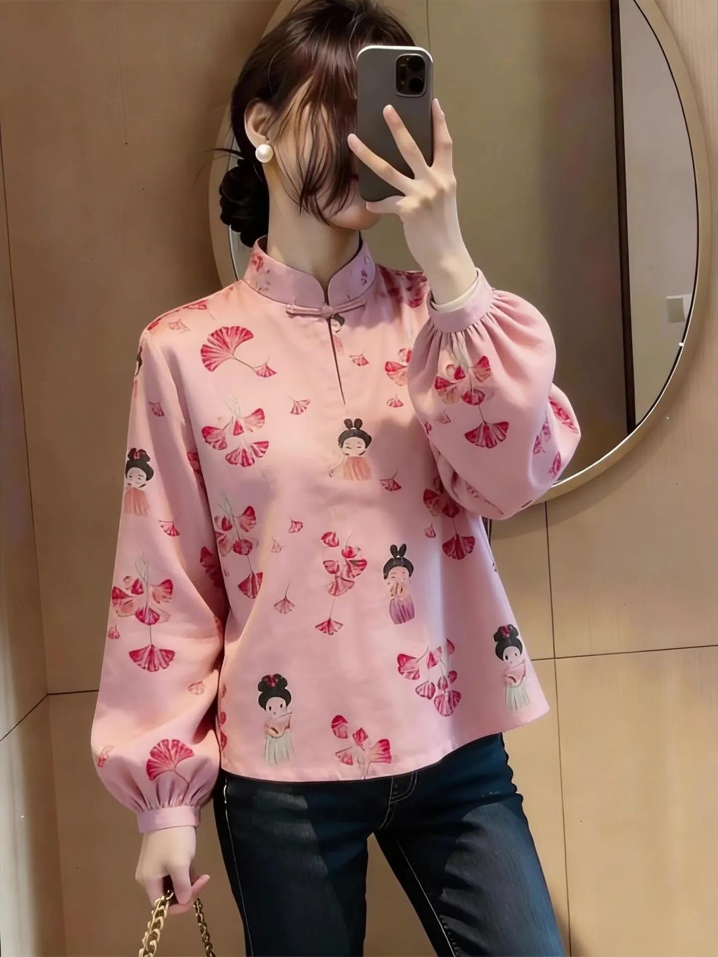 

Весна 2026: Роскошная розовая блузка с принтом, длинный рукав, универсальная, модная, женская, премиум-качество, прямой крой, для офиса