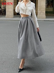 OOTN Elegant Office Lady Long Skirts 2024 Autumn Gray High Waist Pleated A-Line Skirts Fashion Solid Party Midi Skirts For Women