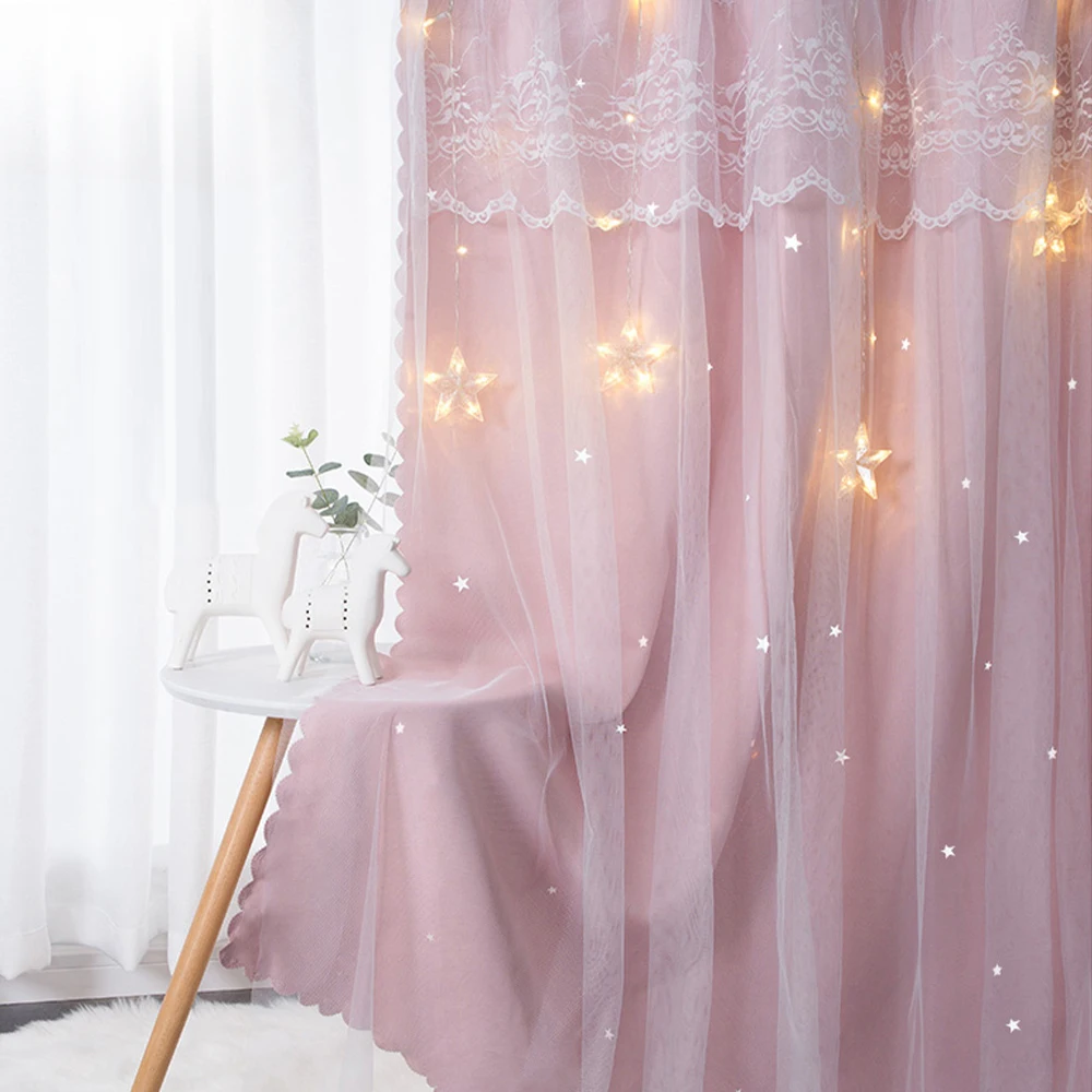 

Hollow Out Stars Double Layers Romantic Sheer Curtain Kids Girls Bedroom Decoration Thermal Insulated Curtains cortina blackout