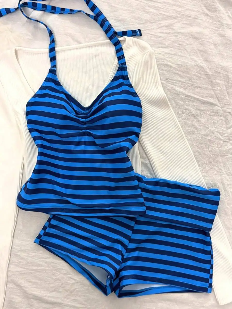 

Blue Striped Halter Crop Top And Boyshorts Two-Piece Swimsuit For Beach Pool Vacation All Year Round Wear