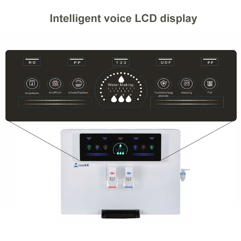 Gran pantalla LCD recordatorio de voz dispensador inteligente de agua potable RO caliente y fría