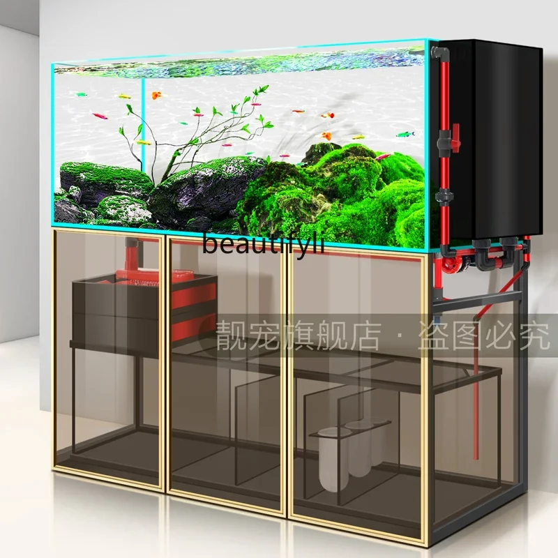 Fish tank aquarium bottom filter ultra-white glass living room stream tank backpack side overflow ecological sea tank  H