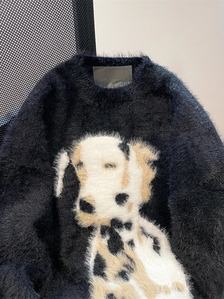 Mohair Cartoon Puppy Round Collar Black Furry Sweater Women Autumn and Winter Long Sleeve Pullover Knitted Top Female Student