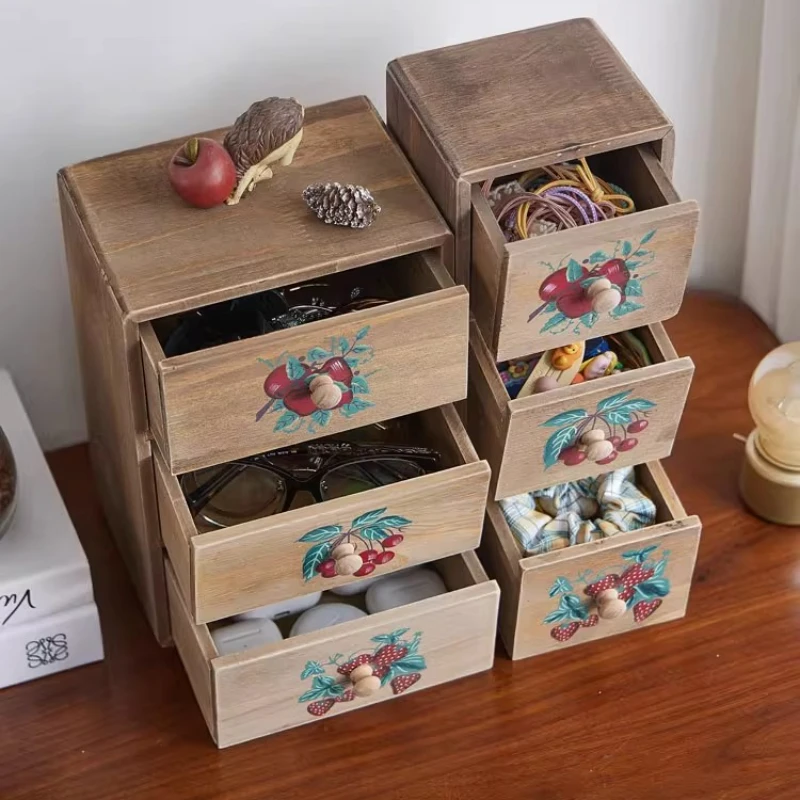 

‌Rustic Painted Jewelry Storage Box Fruit Pattern Mini Dresser for Bedroom Decor Handcrafted Wooden Organizer with Eco-Friendly
