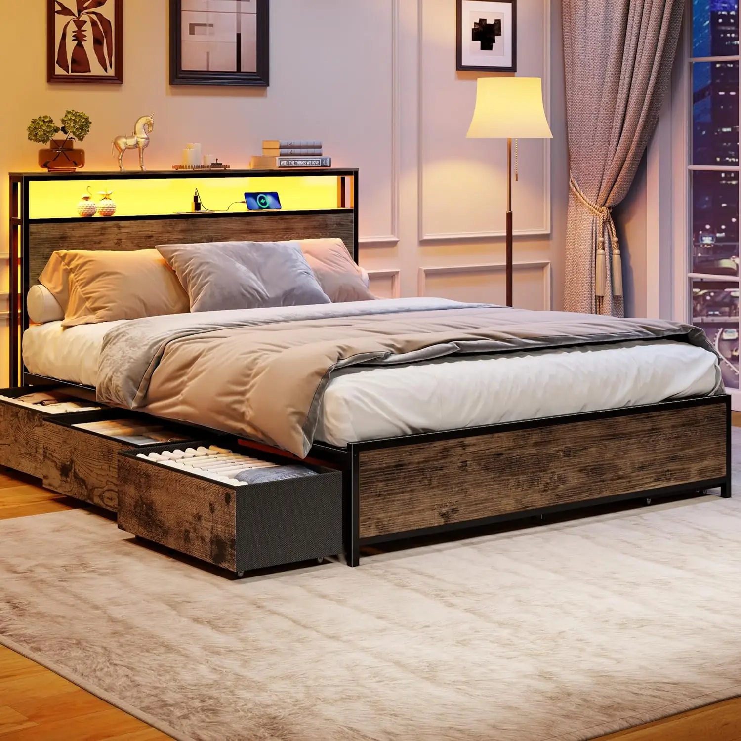

Queen Bed Frame with Headboard & 6 Drawers, Metal Platform Bed Frame Queen Size with Charging Station,LED Lights,2 Tier