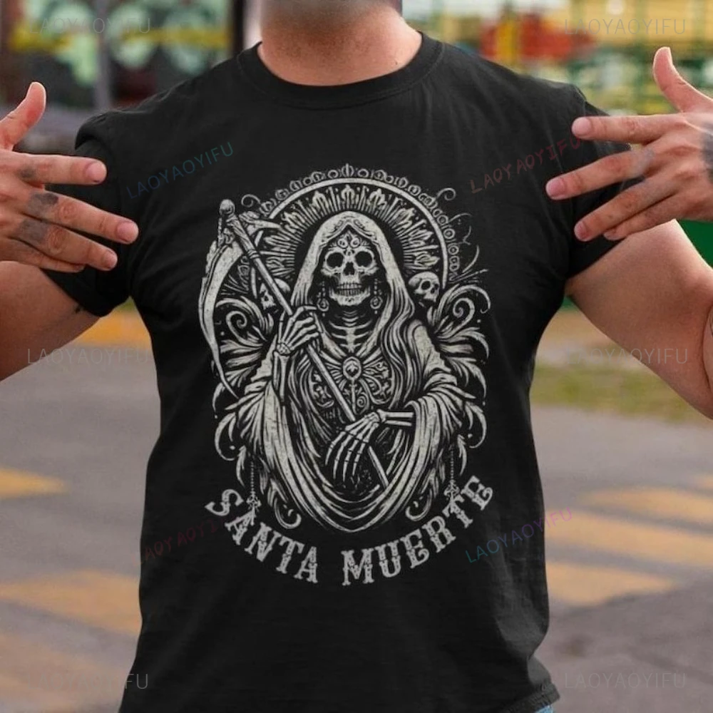 ضياء دي لوس Muertos المكسيكي سانتا Muerte القوطية التي شيرت الموت المقدس يوم الموتى الجمجمة هدية تي شيرت الفن الشعبي الهيكل العظمي تي شيرت