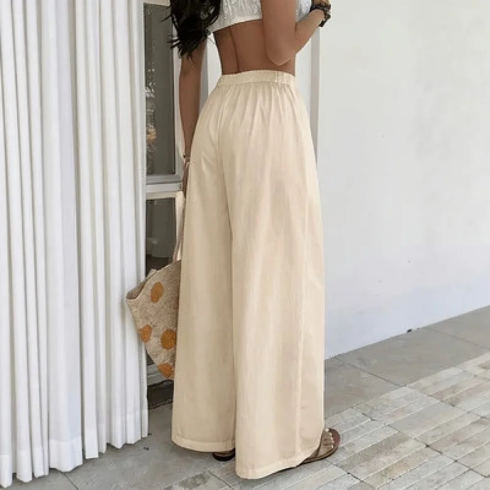 Ladies High Waisted Wide Leg Trousers Drawstring Loose Fit Palazzo Pants Summer Vacation Beach Breathable Soft Long Bottoms