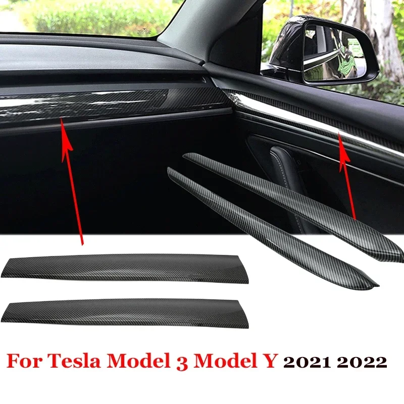 For Tesla Model Y 3 2017 - 2022 4PC Center Console Dashboard Panel Trim Stickers Front Door Trim ABS Door Side Cover