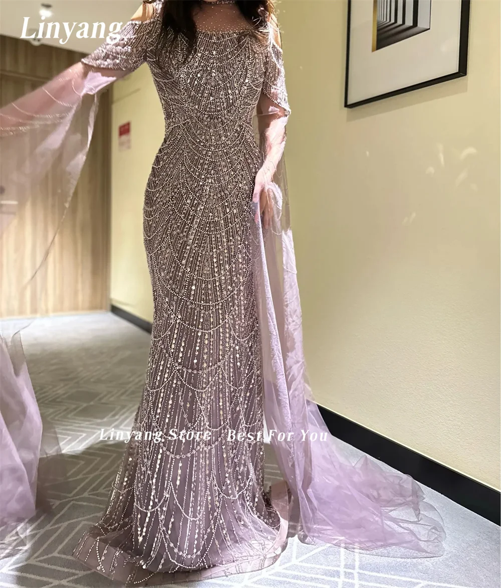 Linyang Purple High Collar Waisted Elegant Formal Evening Prom Cape Sleeves Bridesmaid Party Long Sequinned Dress for Women 2023