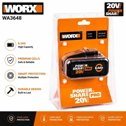 100% Original Worx 20V 8.0Ah Lithium battery Rechargeable WA3553 WA3551 WA3553.1 WA3570 for All WORX Electric and Garden Tools