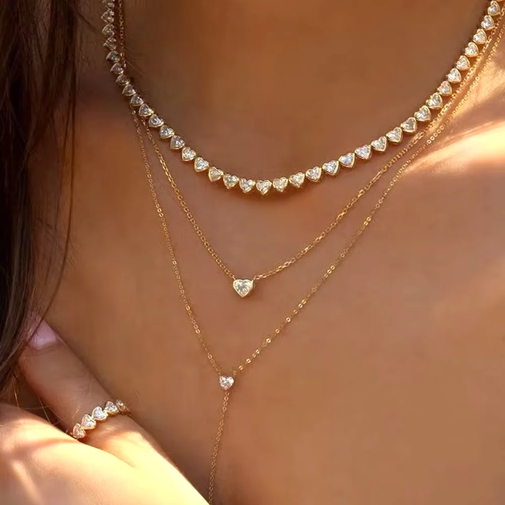 2025 New Arrived Valentine\'s Day High Polished Shiny Heart Cz Tennis Link Chain Choker Necklaces For Women Fashion Jewelry Gifts
