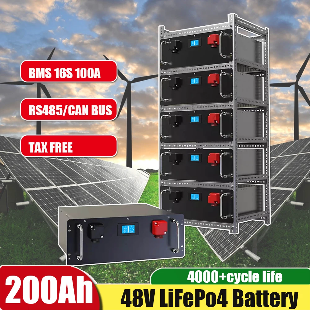 48V 200AH LiFePO4 Battery Pack 5KW 4000+ Cycles Solar Lithium Battery Can BUS RS485 With 32 Parallel For Home Storge