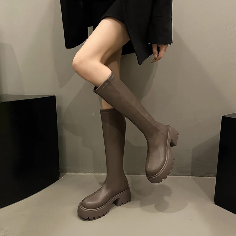 Elegant Platfrom Women Knee High Shoes Long Boots  Women Shoes 2025 Trend Chelsea Pu Leather Round Toe Comfort Zapatos Mujeres