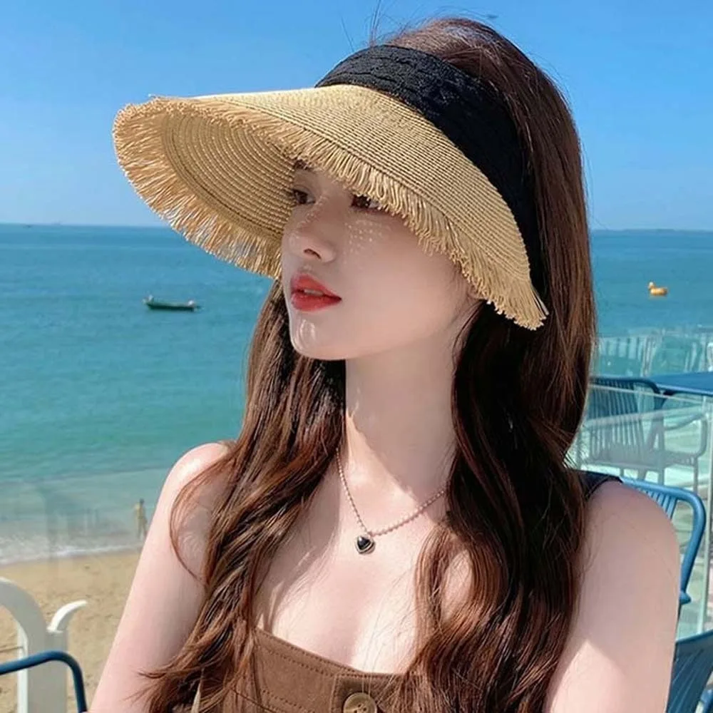

Portable Straw Visor Cap Breathable Solid Color Wide Brim Woven Cap Polyester Versatile Folding Sunshade Hat Seaside Vacation