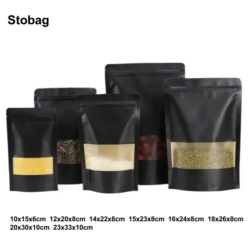 

StoBag 50pcs Black Kraft Paper Food Ziplock Bags Window Stand Up Sealed for Tea Nuts Candy Snack Beans Storage Pouches Reusable