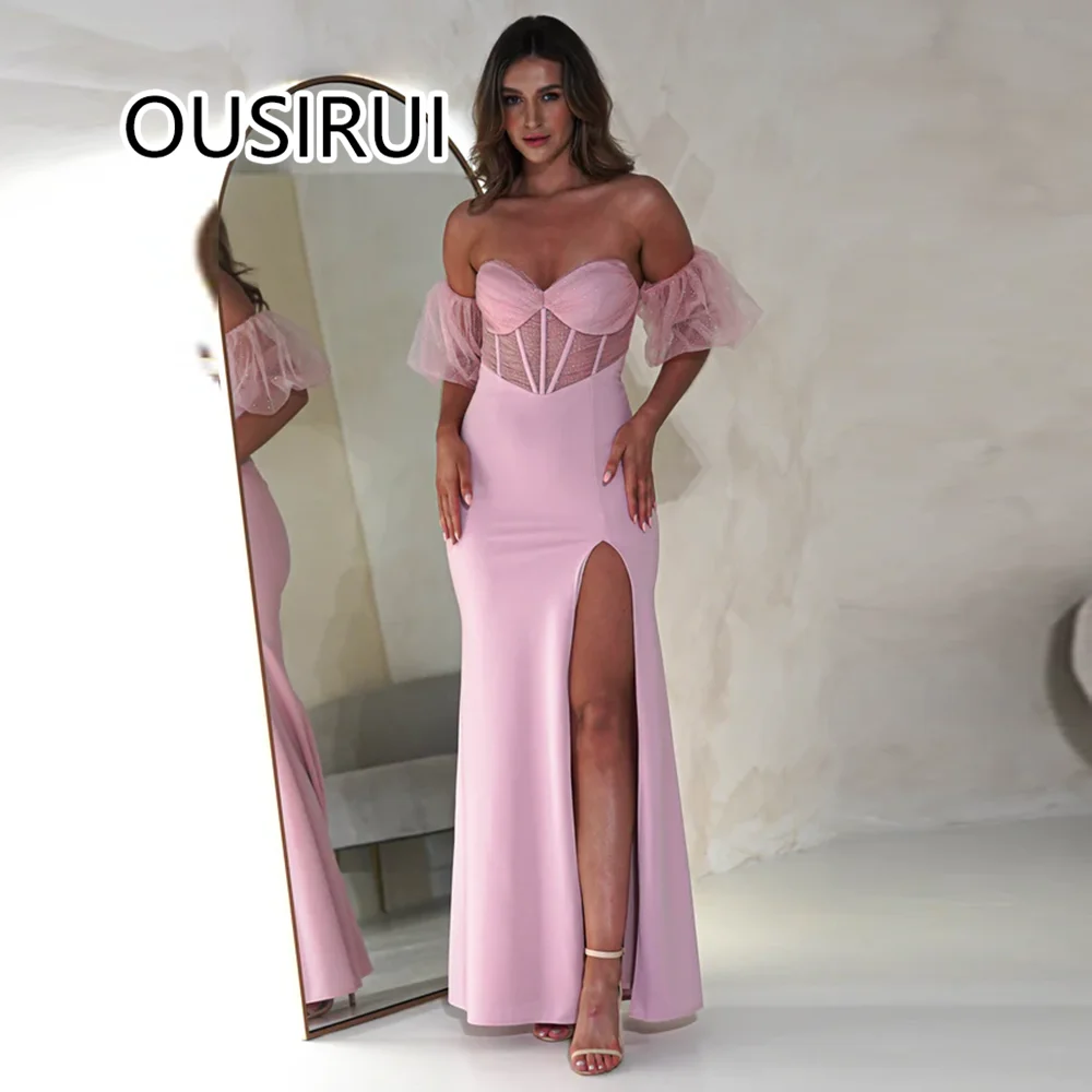 Oussirui elegante gola doce cetim lantejoulas espartilho formatura vestido de baile sexy bainha fenda lateral longo vestido de baile