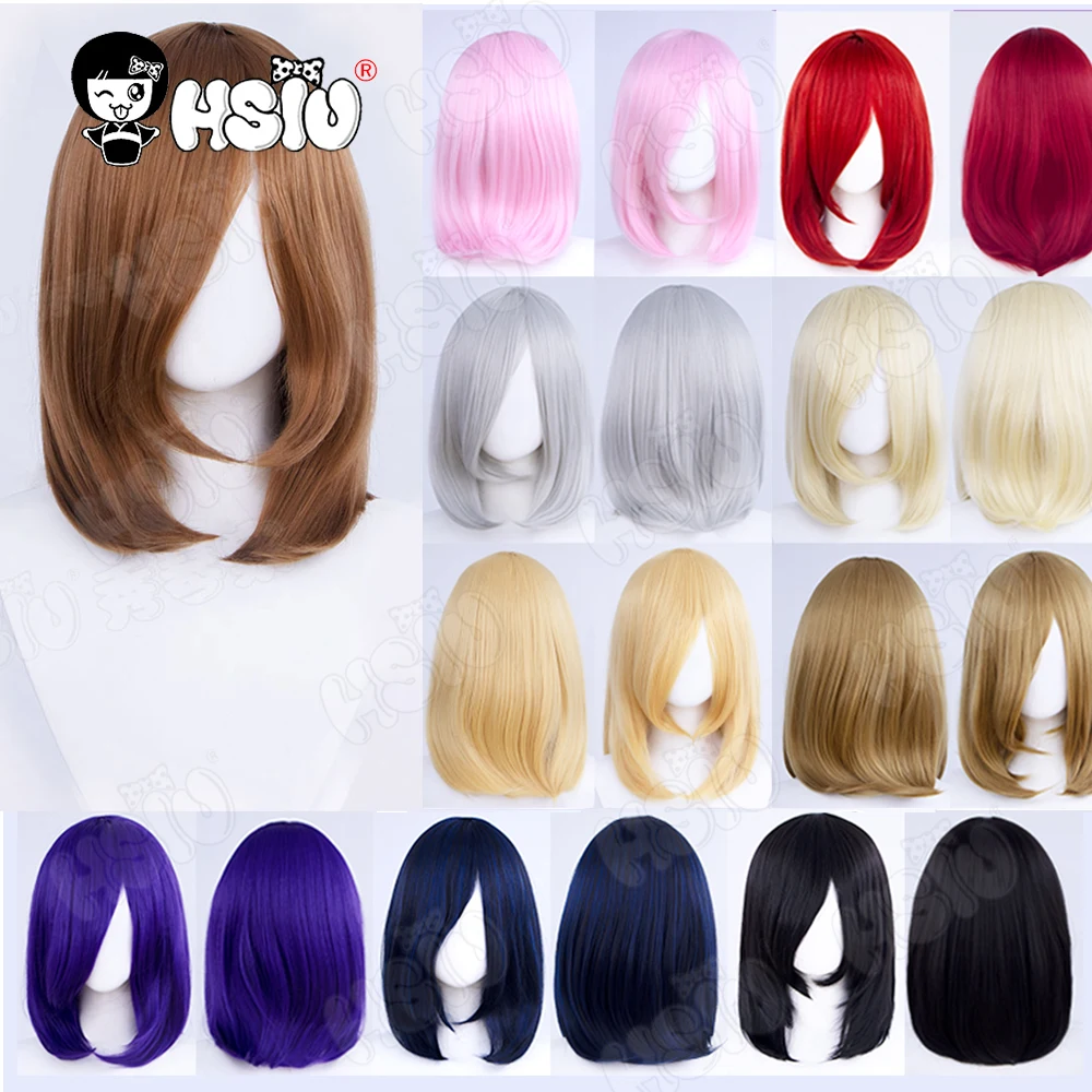 45Cm peruka do cosplay peruka syntetyczna z włókna HSIU 18 kolorów 45cm biały różowy czerwony srebrny peruka Anime peruka imprezowa + czapka z peruką