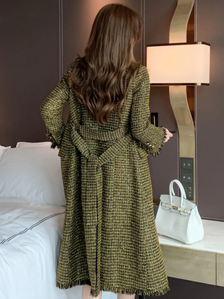 Winter Retro Women Coat Green Gold Silk Plaid Tweed Notched Collar Tassel Single Breasted Belt Long Thick Jacket Elegant Clothes