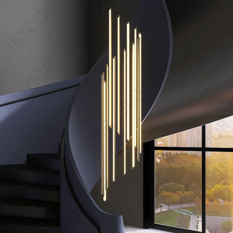 New Black Stair Chandelier Modern Design Duplex Building High-rise Empty For Living Room Hall Personality Long LED Hanging Light