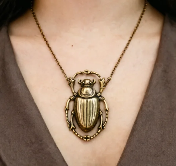 Gothic Beetle Scarab Necklace Steampunk Bronze Color Pendant Animal Insect Goth Jewelry