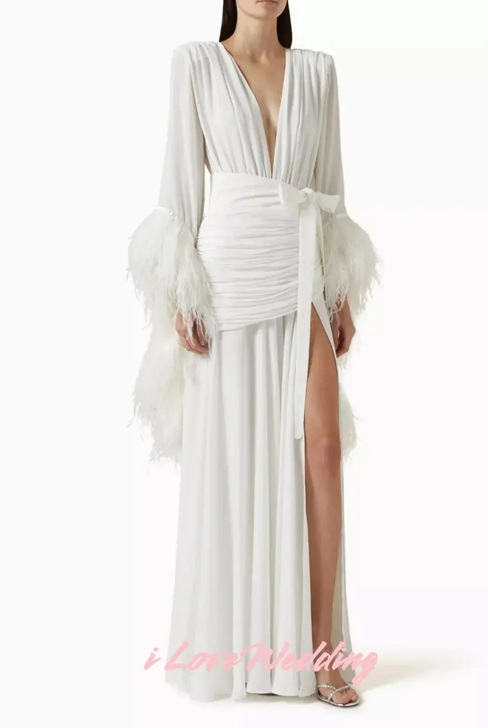 Vestido de noche blanco con cuello en V, gasa, manga larga, plumas, corte en A, abertura lateral, largo hasta el suelo, plisado, vestido de fiesta de boda personalizado, 2025