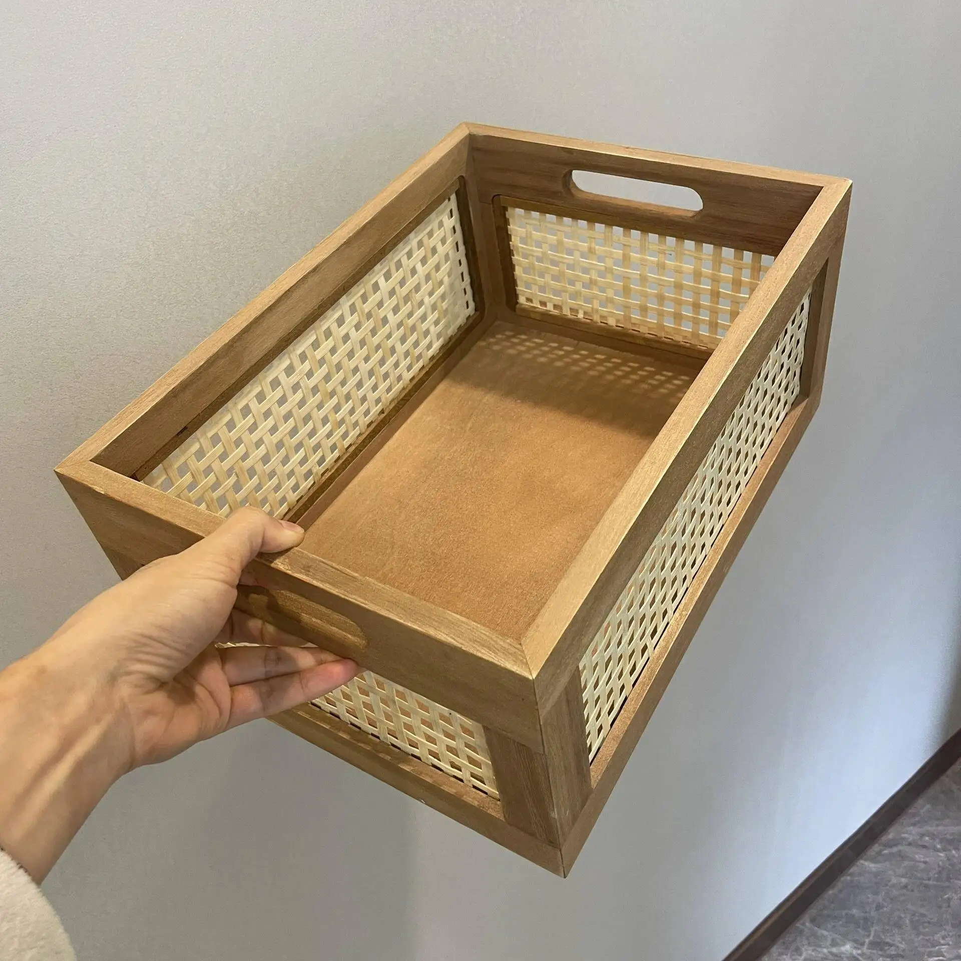 

Ретро-корзина для хранения, плетеная вручную, настольный деревянный органайзер для косметики, японский стиль, коробка для домашнего хранения, универсальный ящик