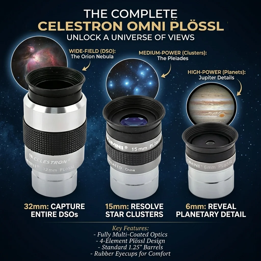Celestron Omni Telescope Eyepiece 1.25 Inch 6mm 15mm 32mm Plossl Lens for Planetary Deep Sky Star Cluster View