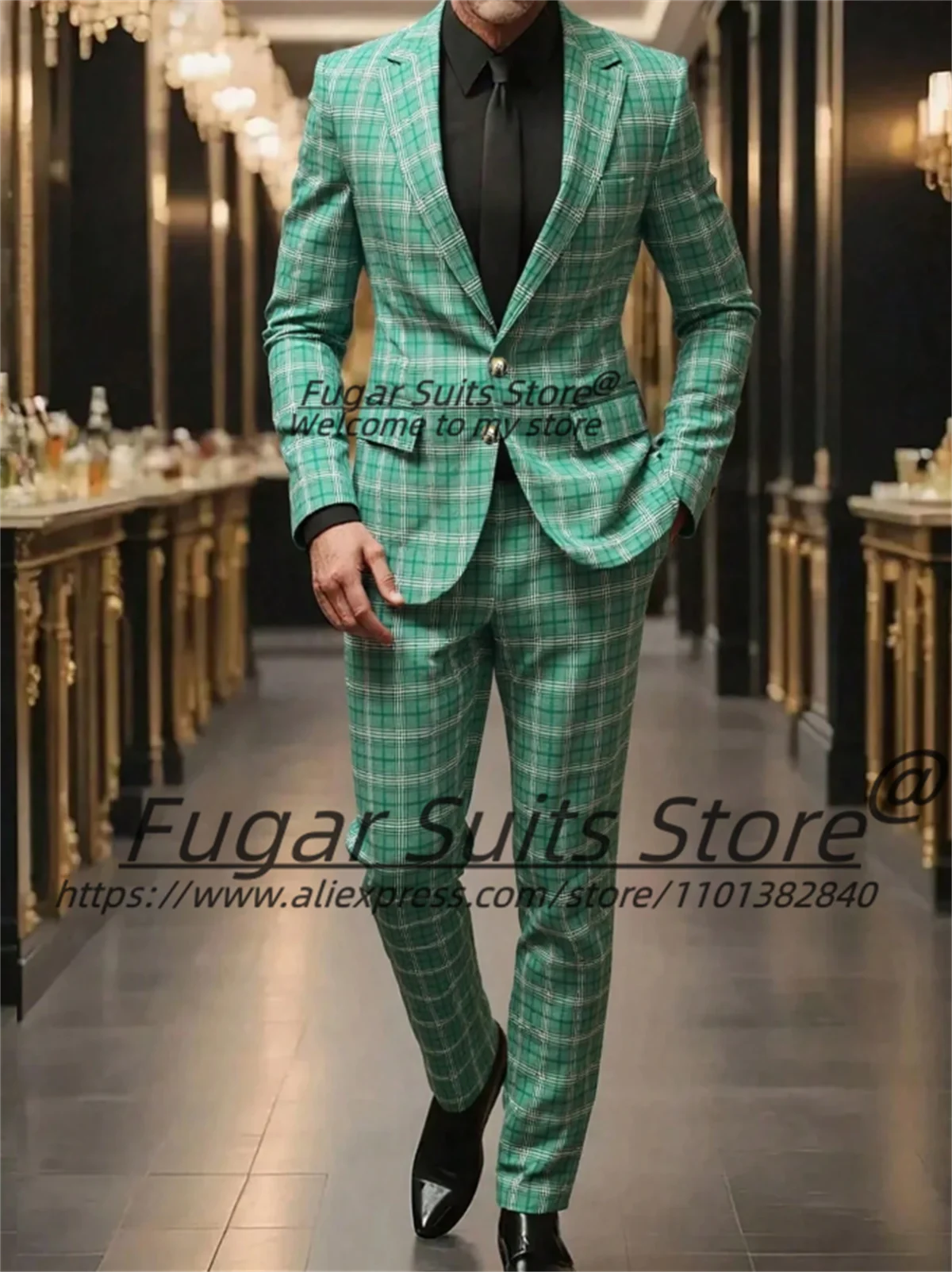 

Fashion Mint Green Plaid Men Suits Customized Slim Fit Notched Lapel Groom Formal Tuxedos 2 Pieces Sets Male Business Blazers