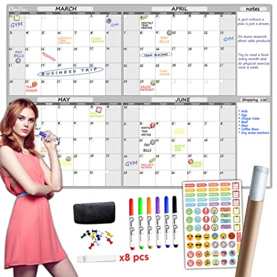 

Large Dry Erase Wall Calendar - 36" x 52" Undated 4-Month Calendar for Home Office School - Reusable Jumbo Laminated Task Organ