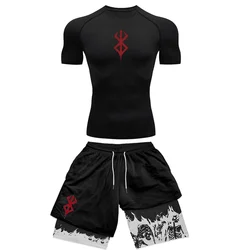 Sacrifice Print Berserk Anime kompresyjny zestaw odzieży sportowej strój do fitnessu dla mężczyzn szybkoschnąca Manga Rash Guard + spodenki gimnastyczne 2 szt. Lato