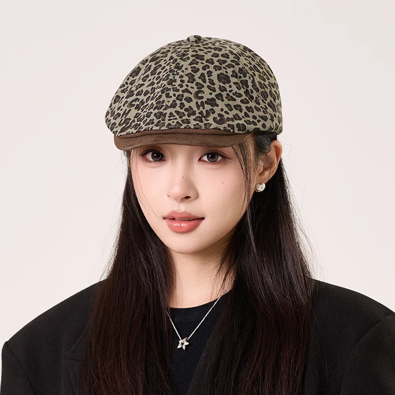 الرجعية ليوبارد طباعة أوائل واسعة Brimforward قبعة للنساء تنفس كبير رئيس الوجه صغير موضة تنوعا قبعة Berretto 4m891 #3