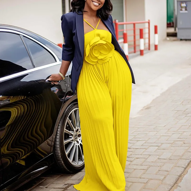 

Women's 2025 New Fashion Tag Big Flower Solid Color Pleated African Jumpsuit