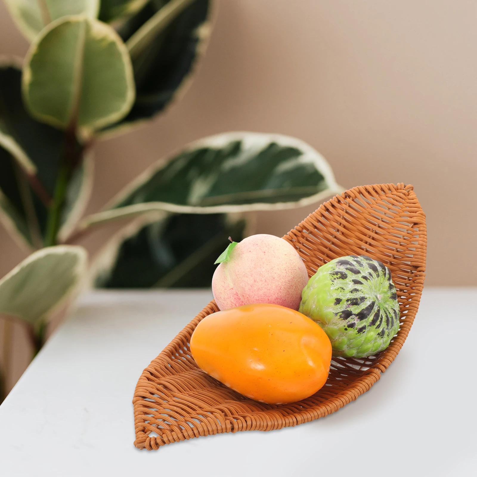 

Small Woven Storage Basket Decorative Imitation Rattan Organizer for Fruits Bread Pastries Home Kitchen Bathroom