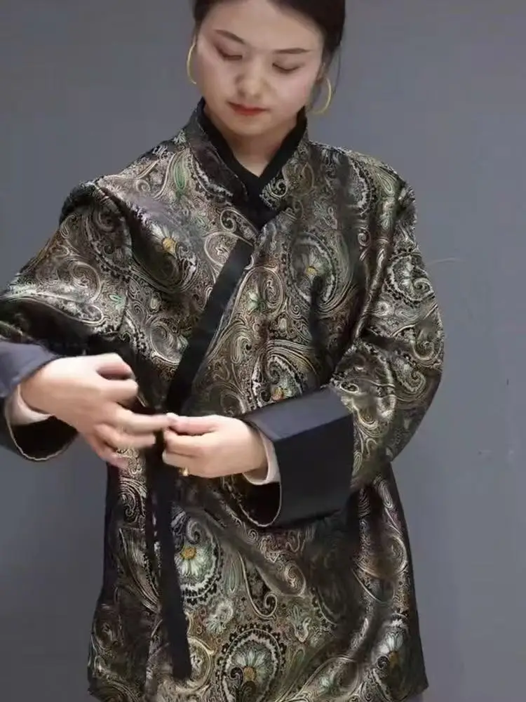 

2026 Монгольская тонкая куртка-рубашка унисекс с воротником-стойкой в национальном стиле, тибетский халат, повседневная верхняя одежда для мужчин и женщин