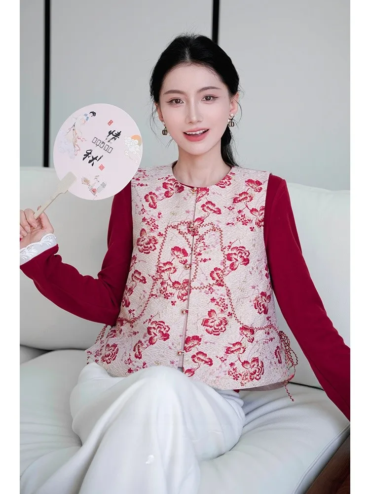 

New Chinese Sle Women's Jaet Vest Top Tulip Weaving Design Thiened Autumn Winter Faion Original Design Loose Fit Hanfu