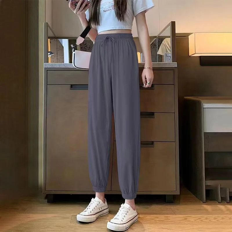 2024 Summer New Korean Loose Casual Ankle-Length Pants Women\'s Solid Color Minimalist High Waist Drawstring Straight Harun Pants