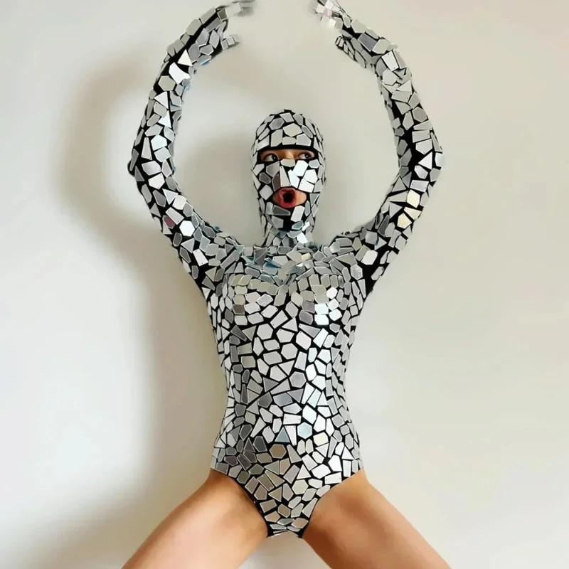 Kombinezon lustrzany damski strój taneczny dla zespołu scenicznego, kostium do tańca jazzowego w stylu technologii przyszłej, cekinowy trykot z rękawiczkami.