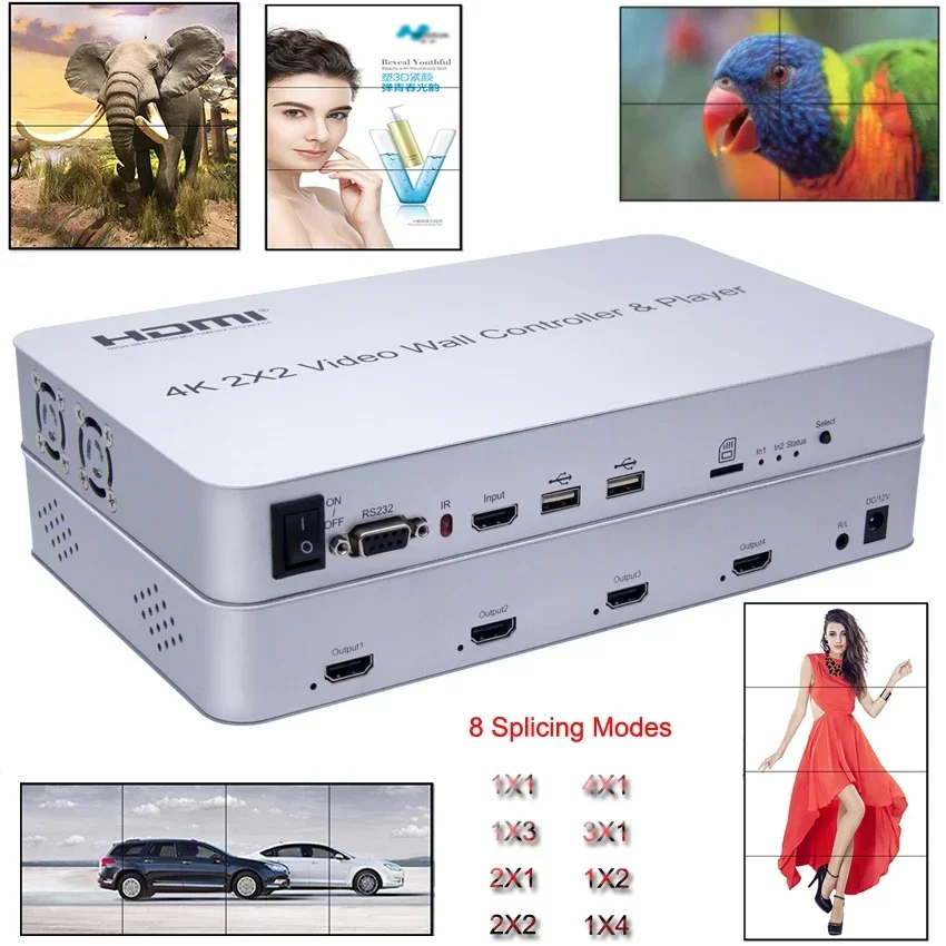 4K 2X2 HDMI Video Wall Controller Multi Screen Splicing Processor TV Splicer Support USB U Flash Disk Player Keyboard and Mouse