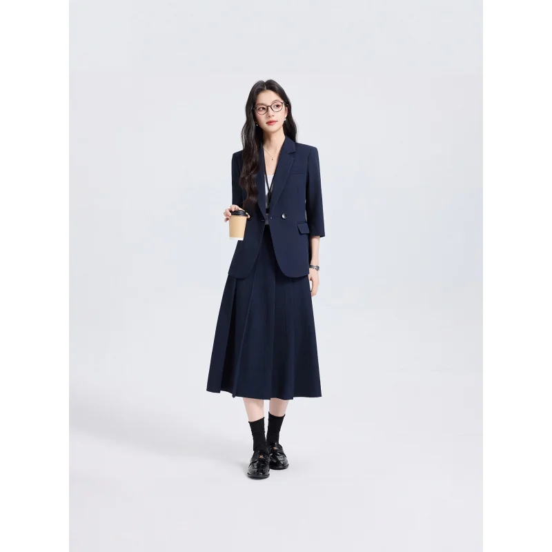 Navy Blue Women's Suit Set for Spring and Autumn, New Professional Commuting Interview Formal Wear, Three-Quarter Sleeve Two-Pie